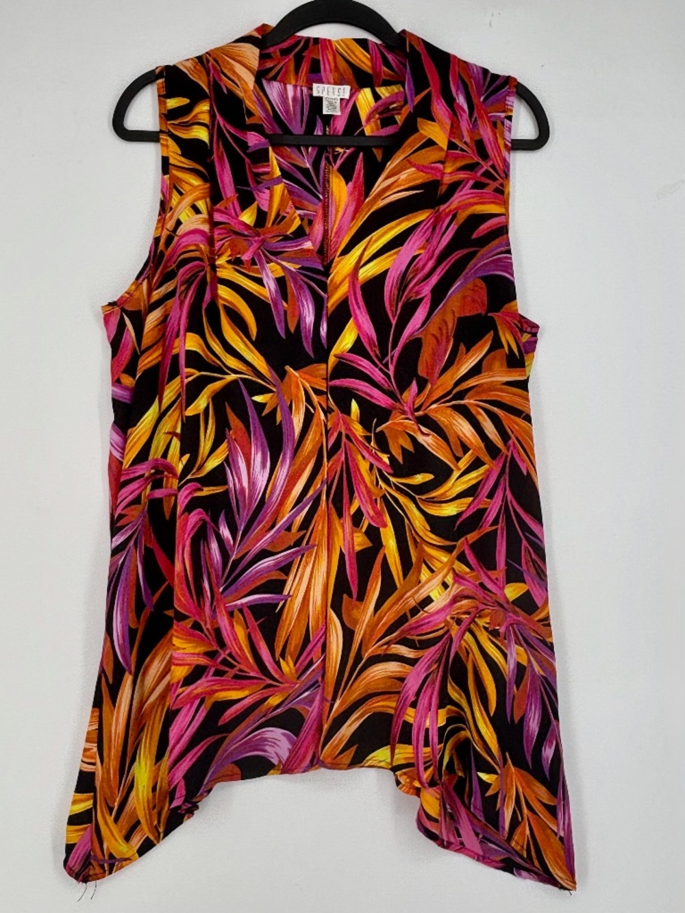 Spense Womens XL Pullover Sleeveless Blouse Bold Tropical Floral Orange Purple
